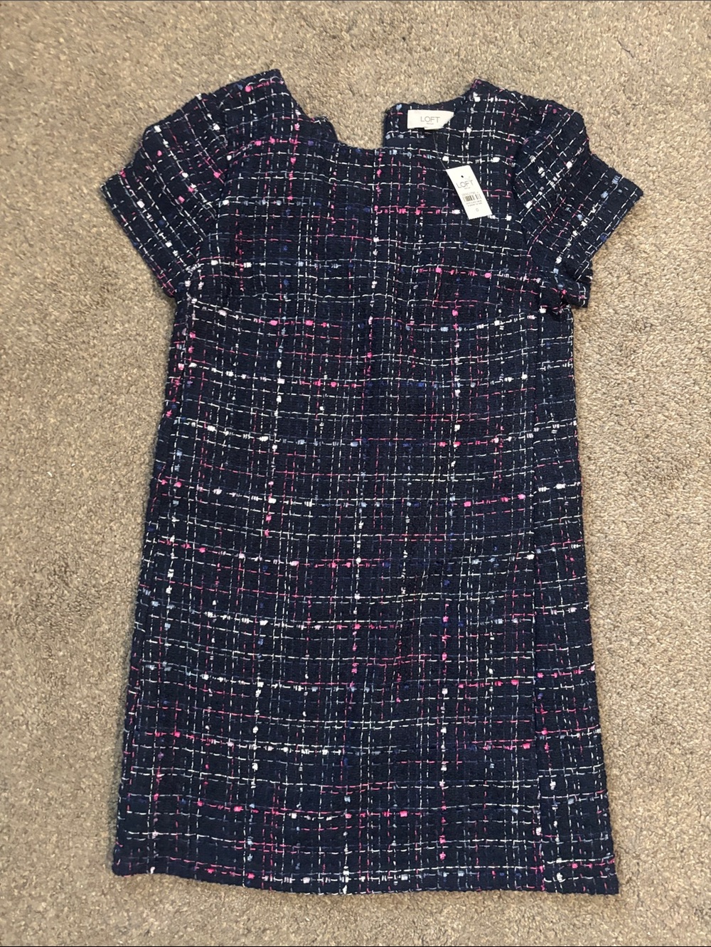 LOFT Navy Tweed Shift Dress with Pink & White Accents